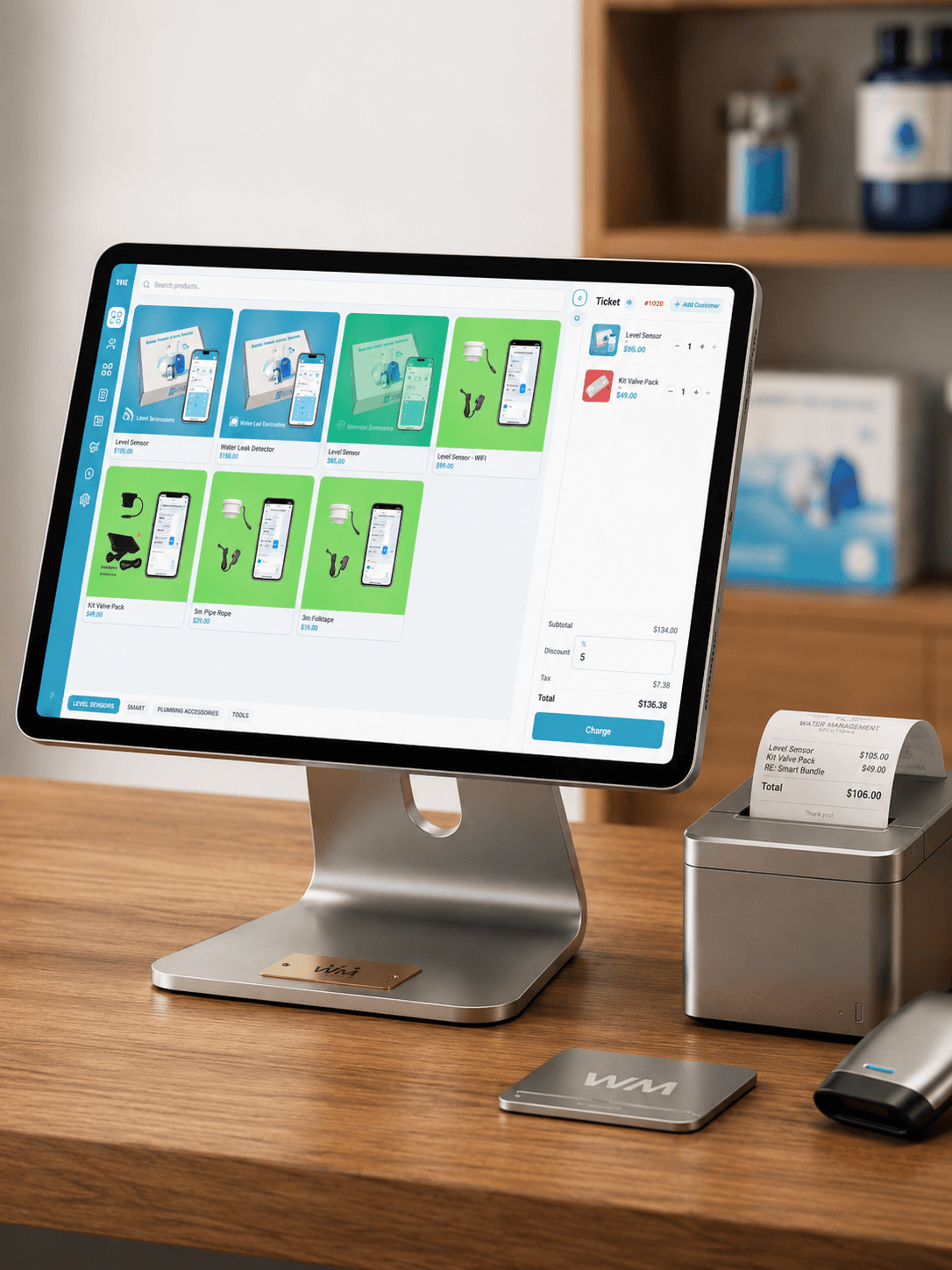 The Warshe point-of-sale running on a store counter, with receipt printer and card reader